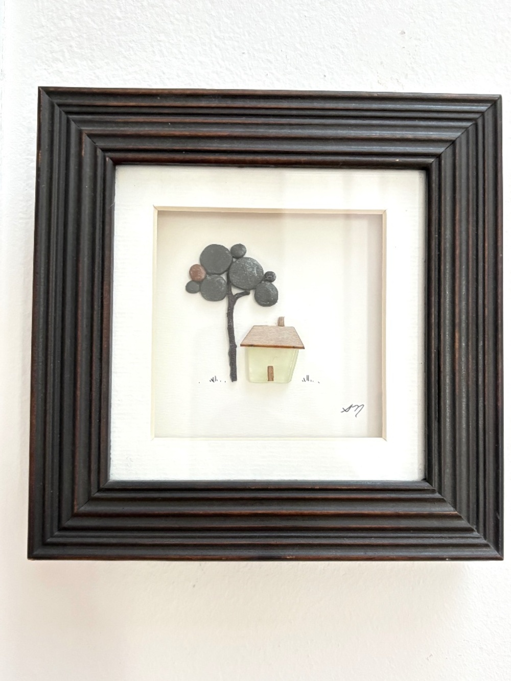 Sharon Nowland people art sea glass handmade framed 6" square signed farmhouse